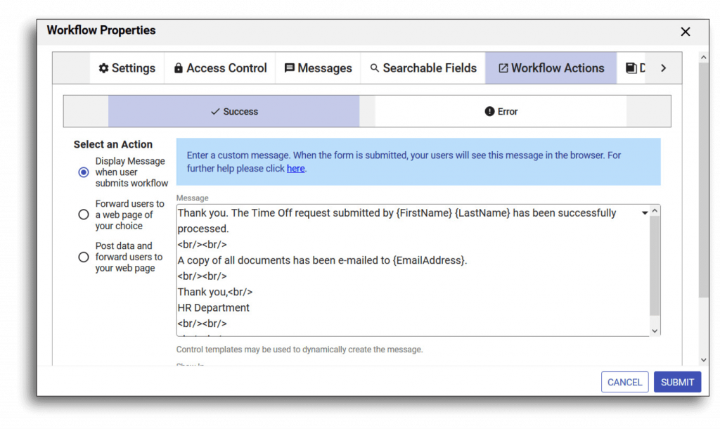 Configure Final Actions for Workflows