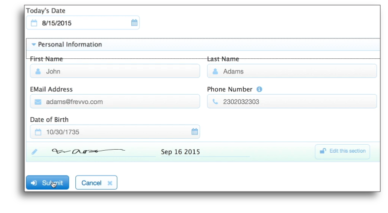 The signature image is then displayed against the green background, a digital signature is generated, and the section is locked.