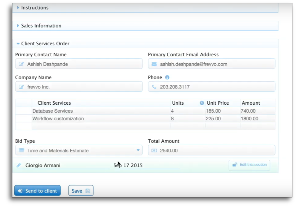 The salesperson fills out the order details, provides an email address for the end customer, and signs the order digitally.