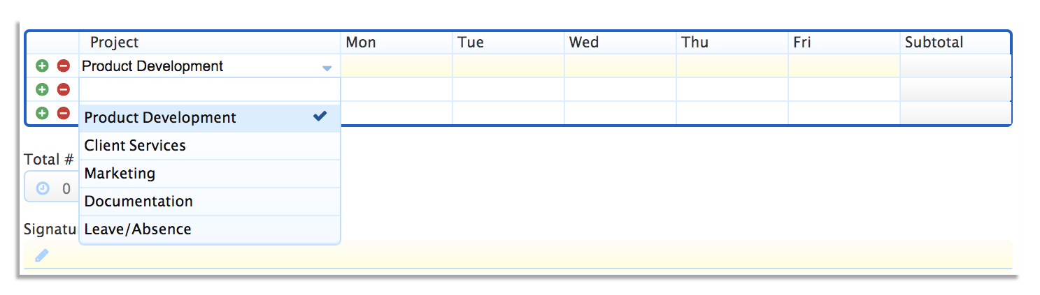 Selecting a project on a timesheet approval form