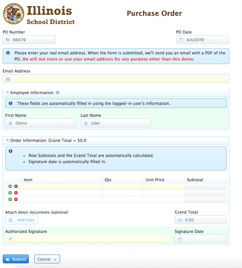 Basic Purchase Order form.
