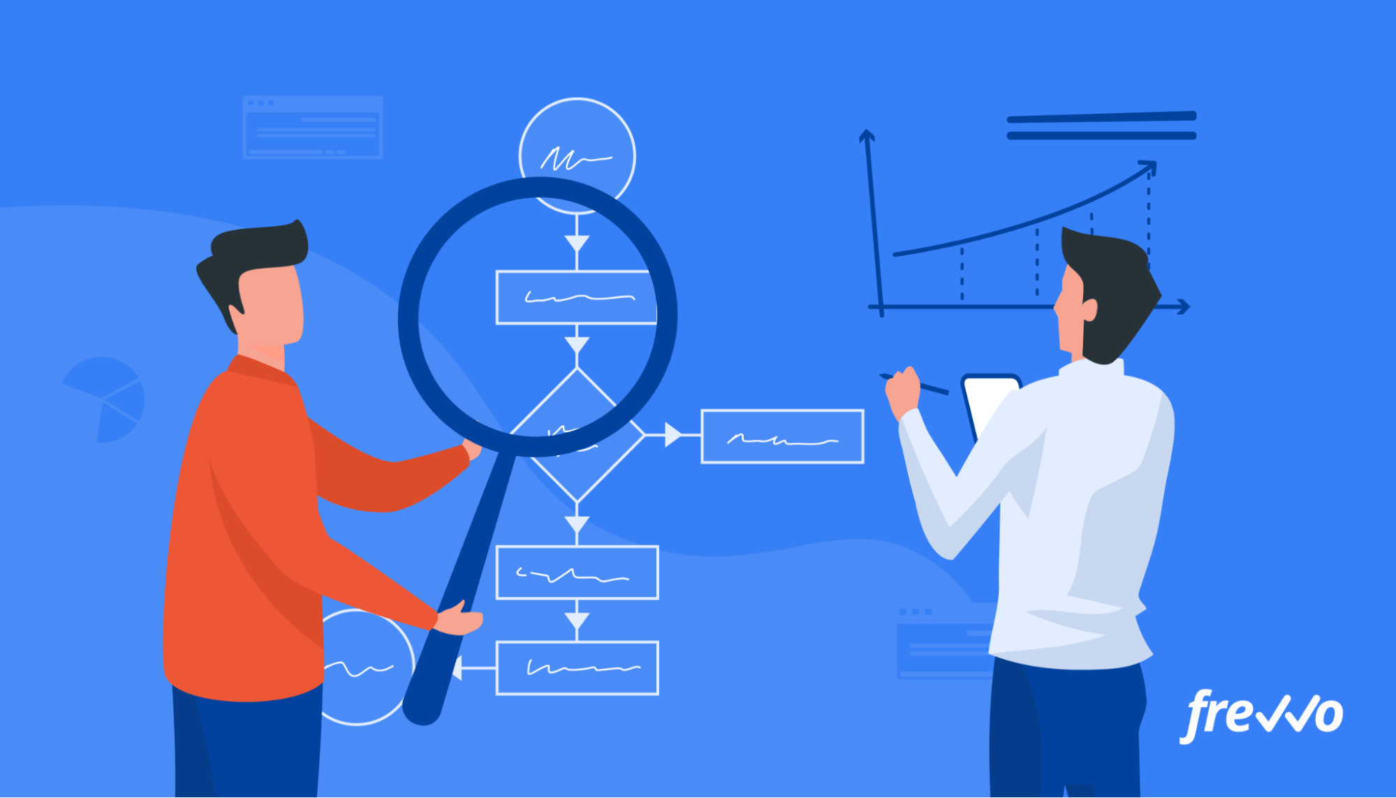 graphic showing one man holding a magnifying glass over a workflow chart and another writing something on a wall