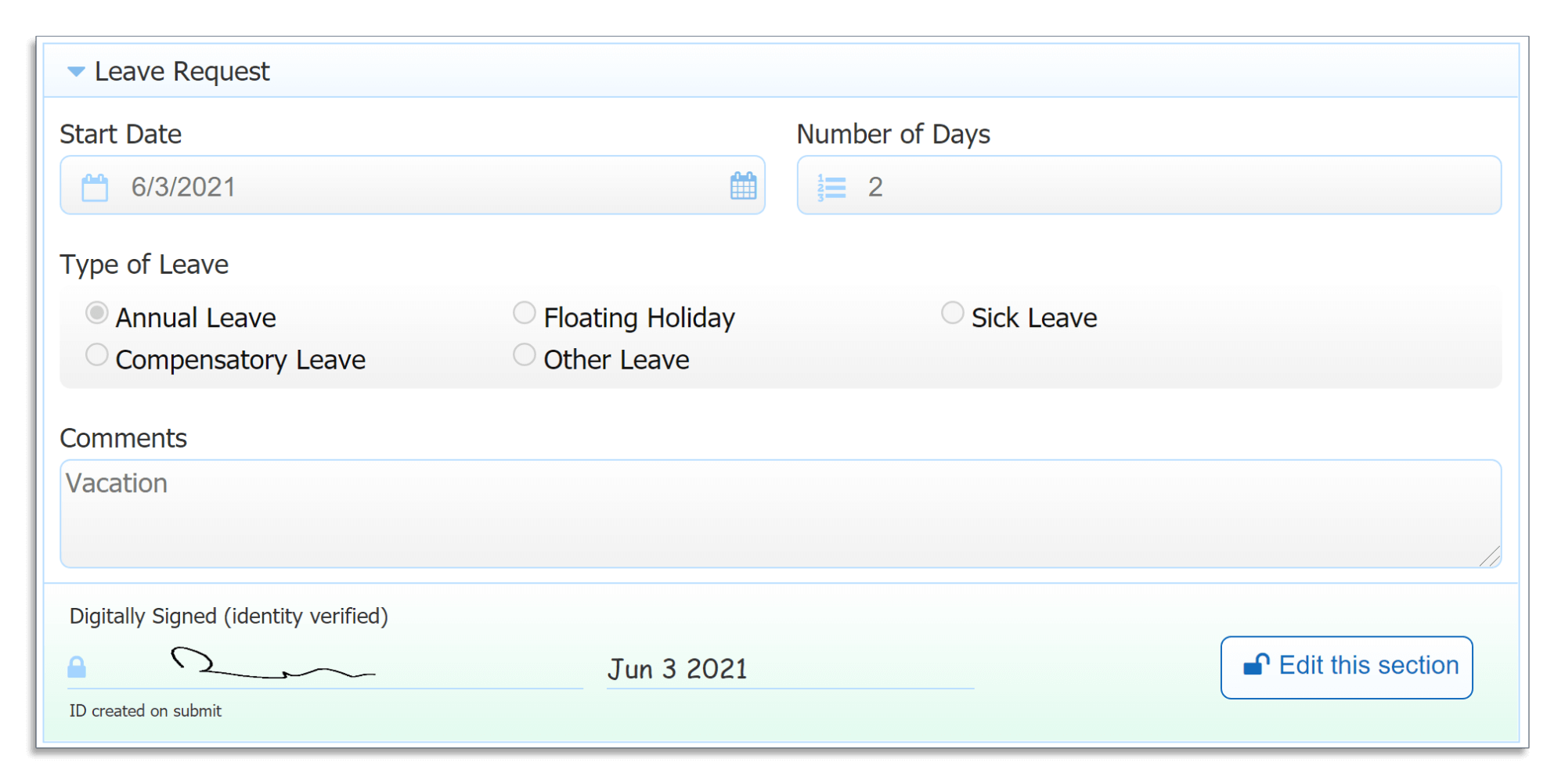 Example of a form in frevvo with a signed section