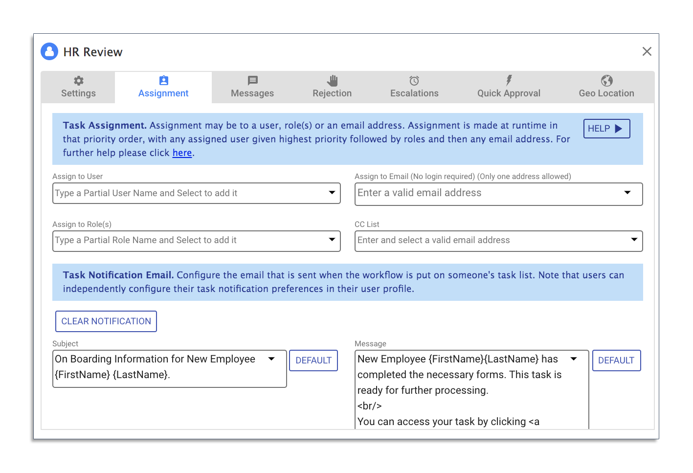assignment tab for HR review