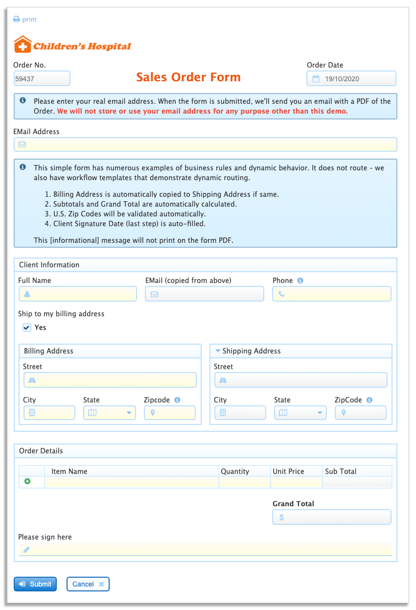 business process automation sales order form