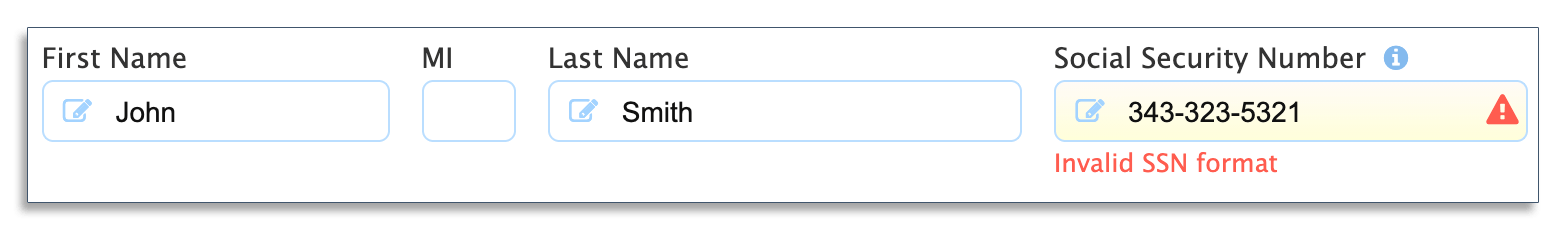Form showing an invalid format