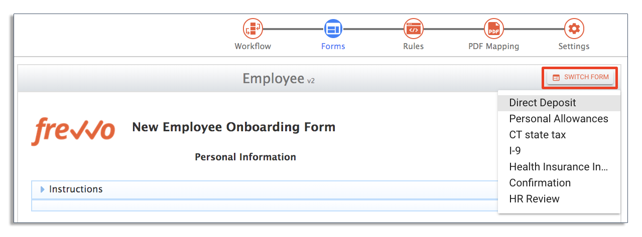 switch form in employee onboarding form workflow
