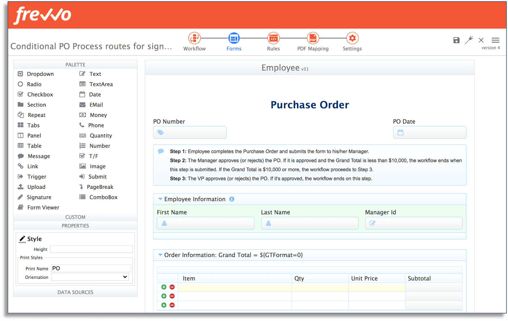 pre-built template for purchase order