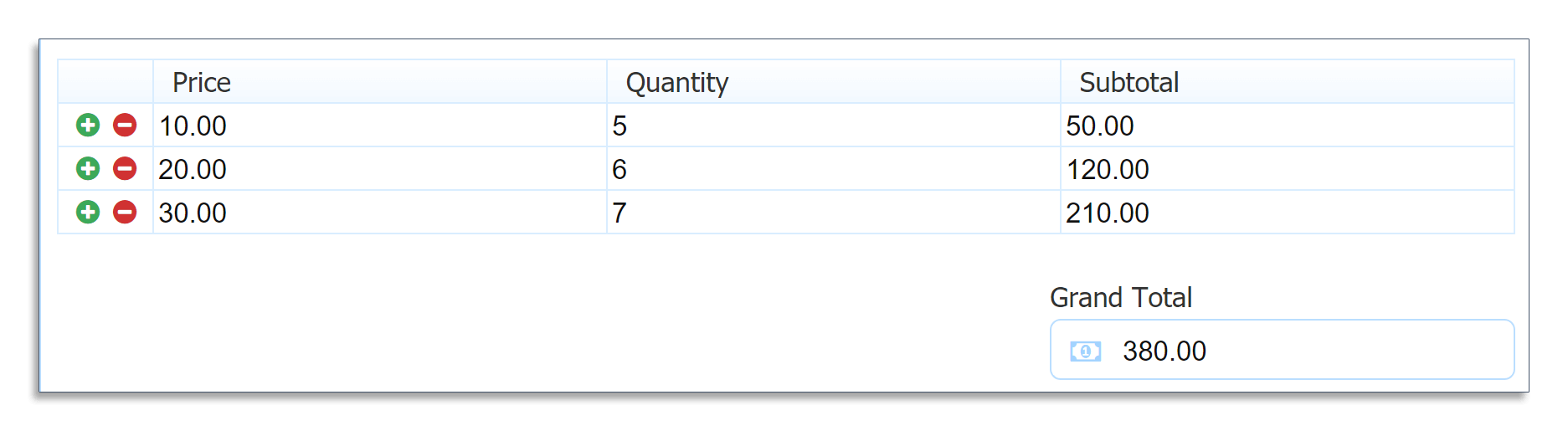 Example of a form with a calculation rule