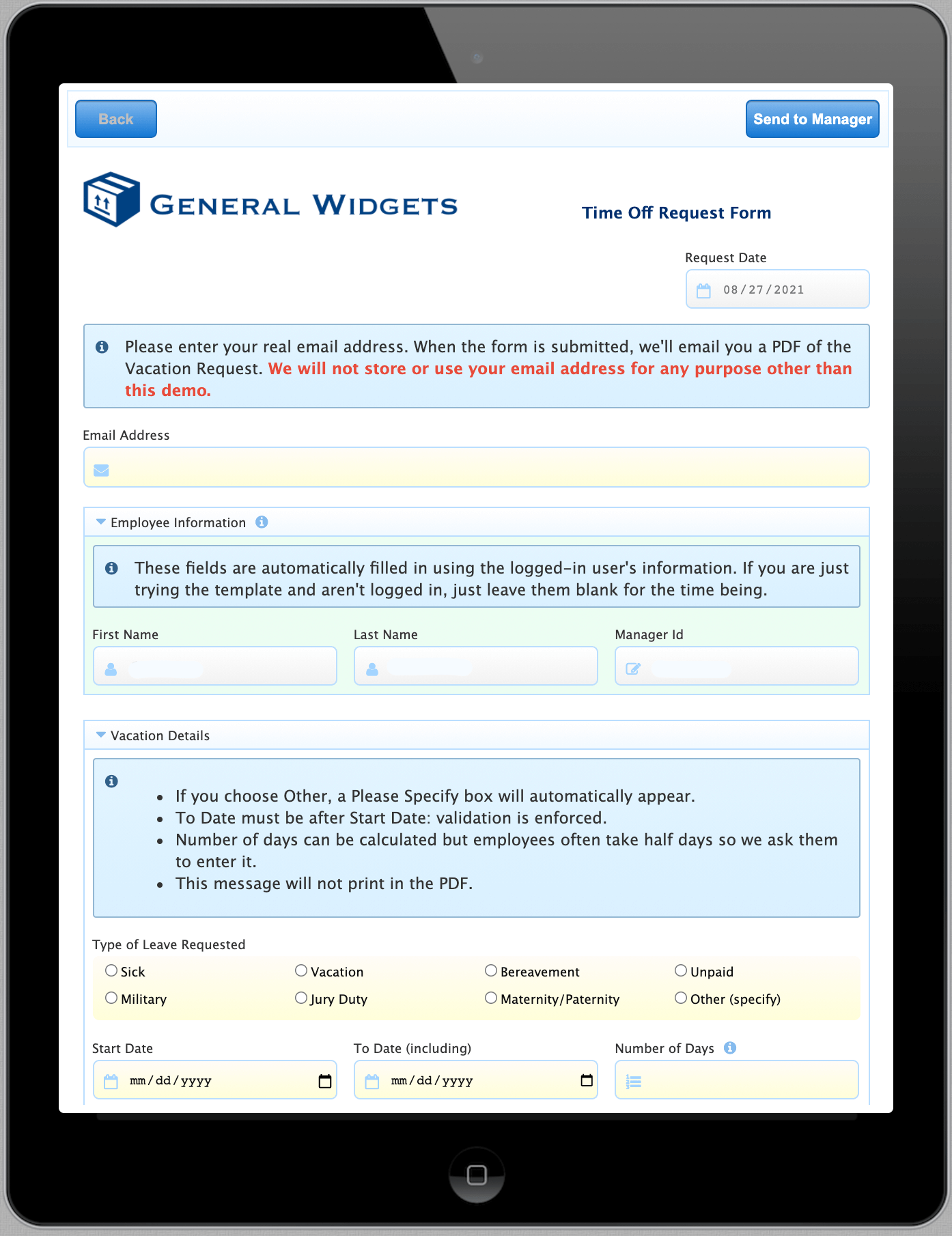 Example of a form on a tablet