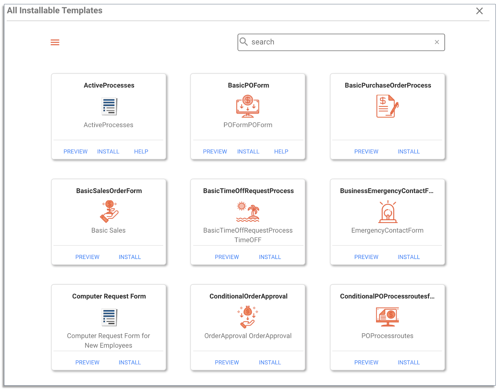 Installable templates and workflows in frevvo