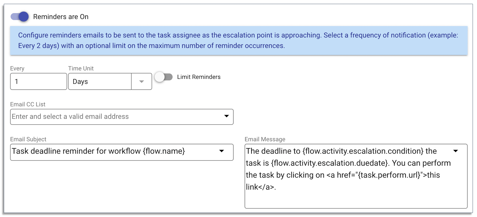 Setting up escalations in frevvo