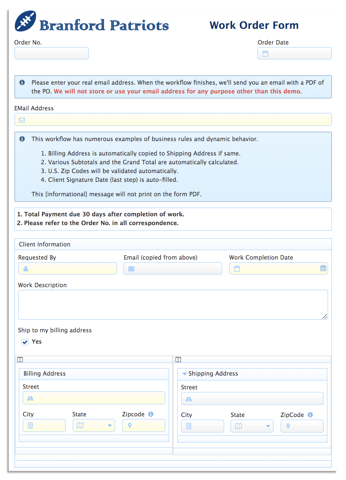 Work order form