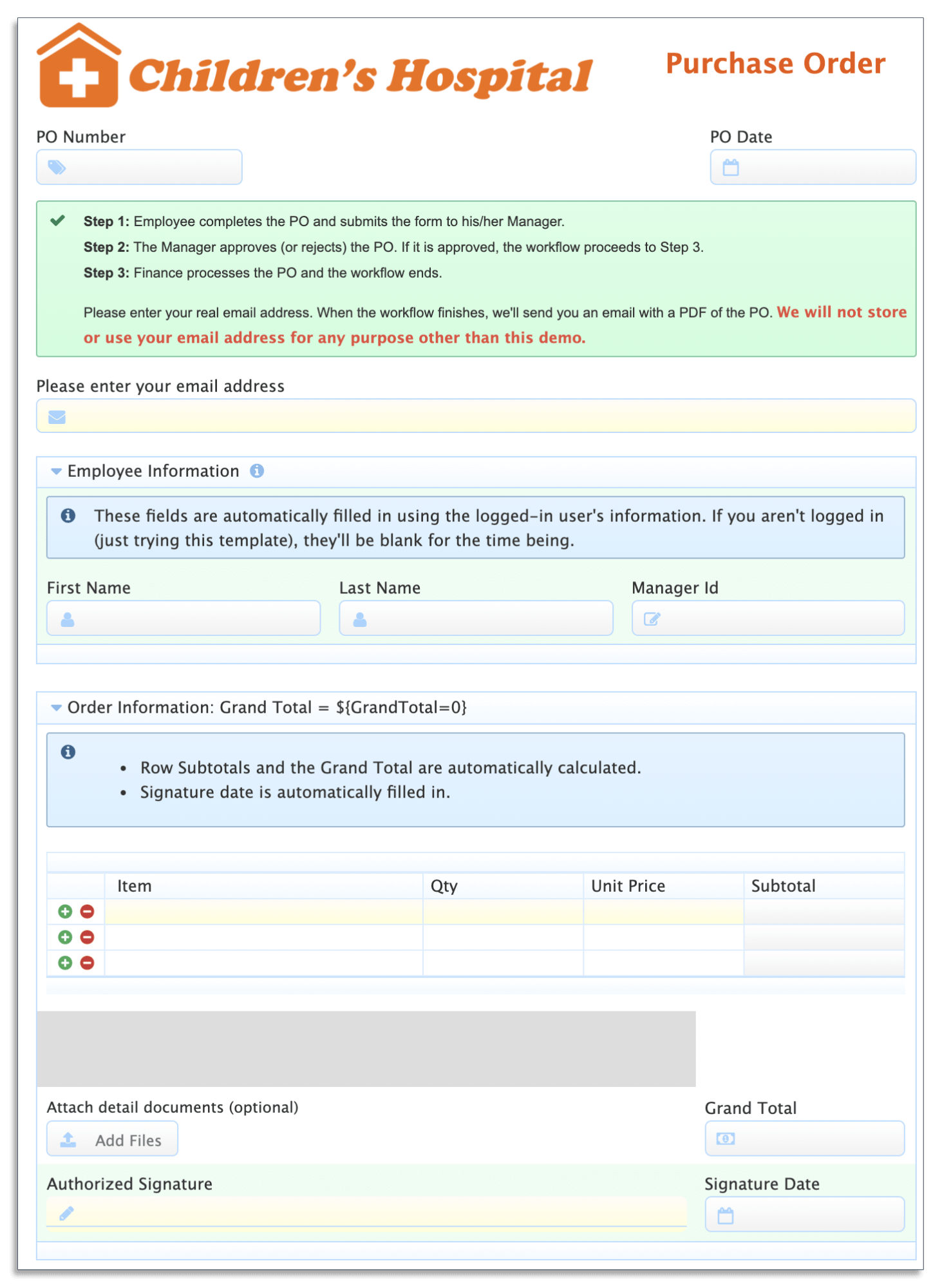Example of a purchase order form in frevvo