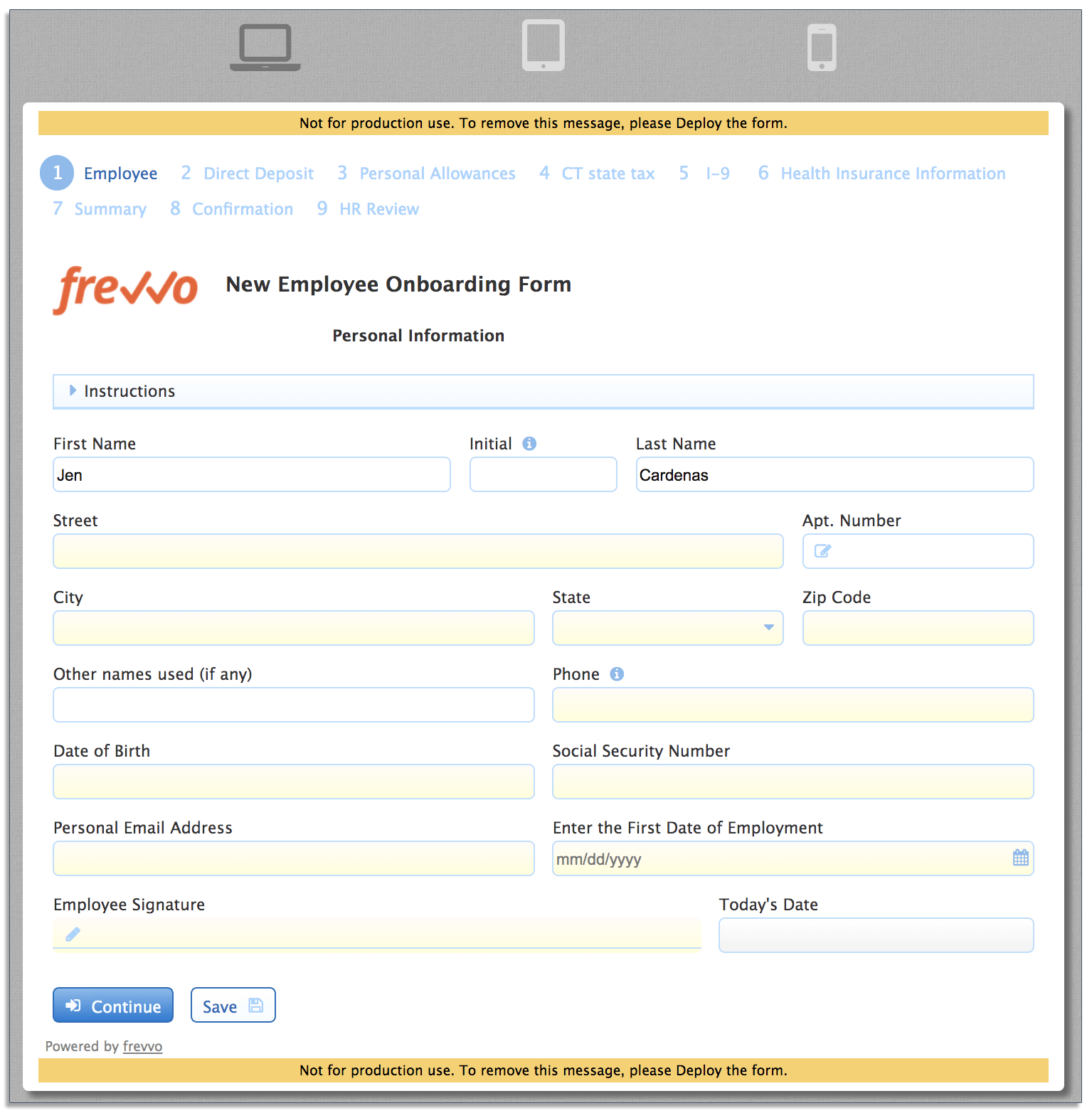 Testing an employee onboarding workflow in frevvo