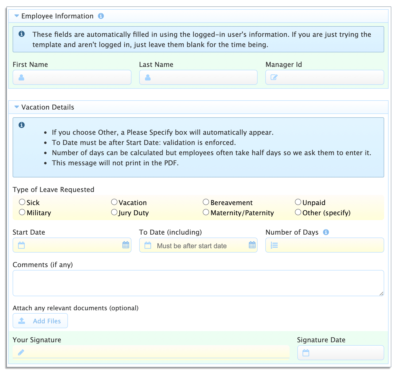 frevvo Time Off Request Form Template frevvo time off request form template with fields for employee info