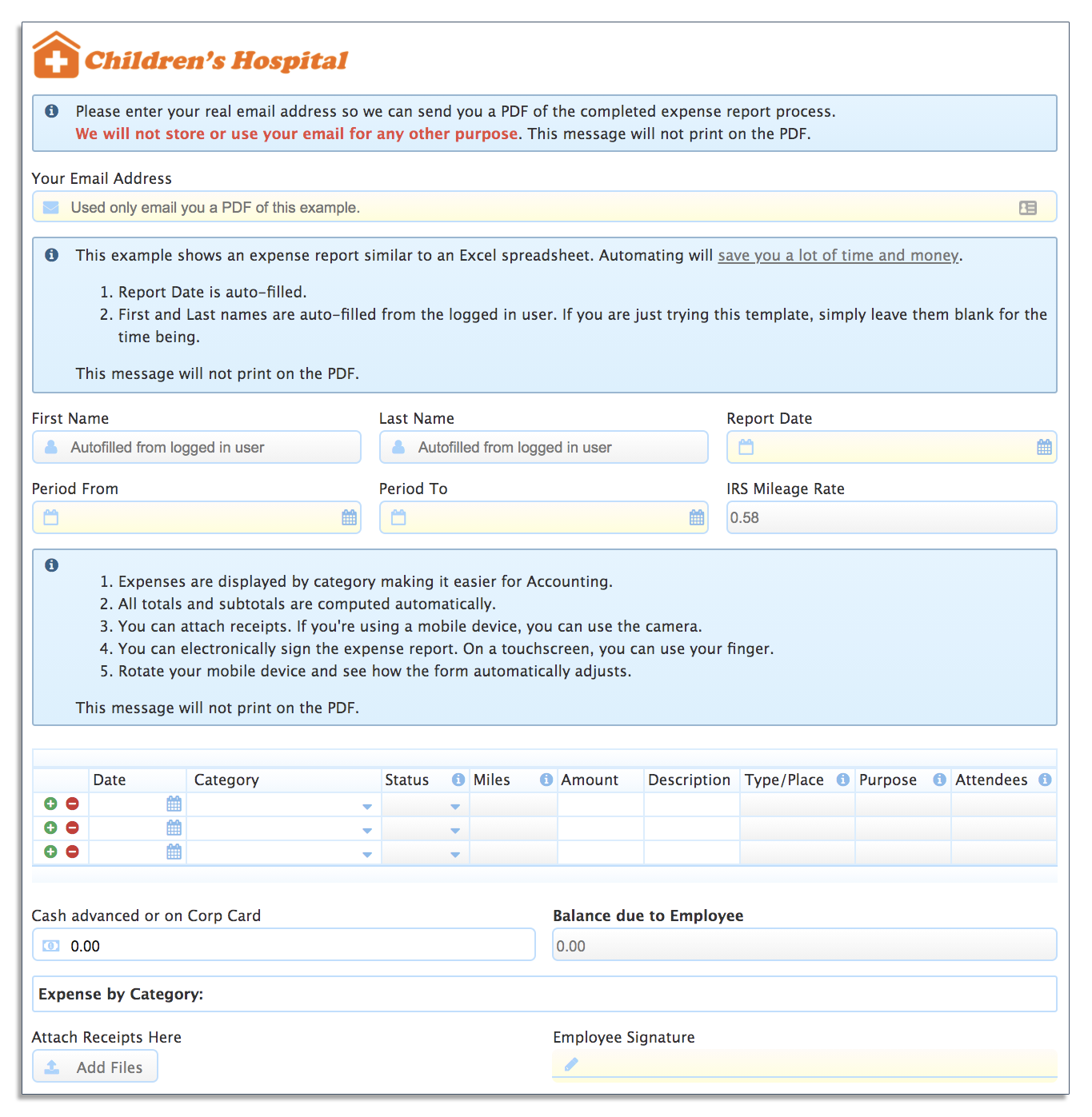 Expense report form