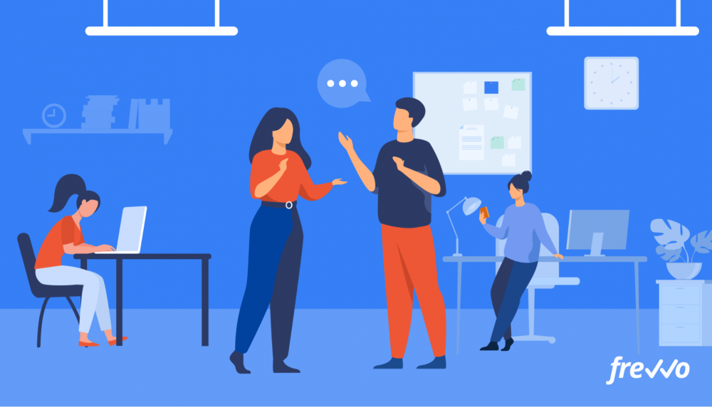 Illustration of two employess talking about productivity process