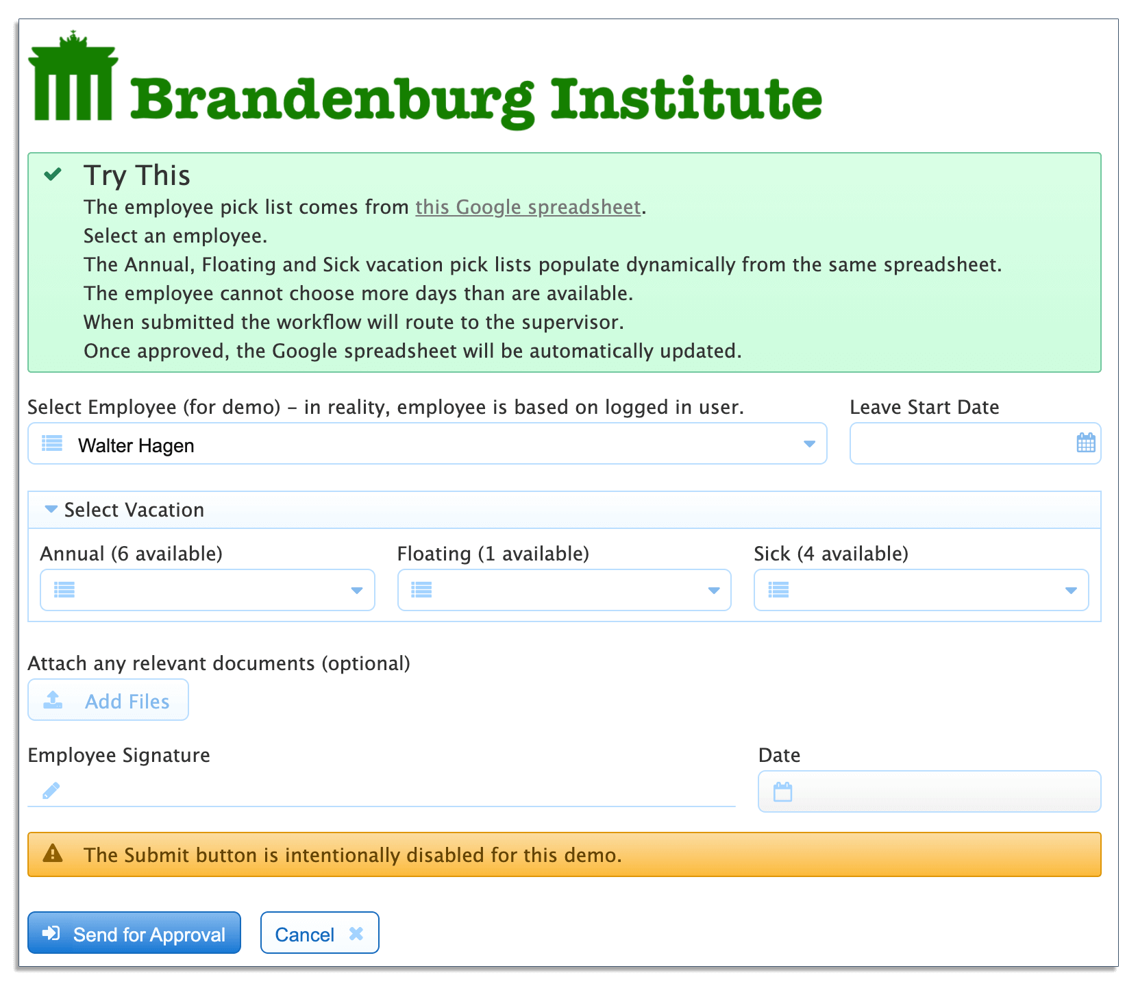 Example of a time off request form showing remaining PTO