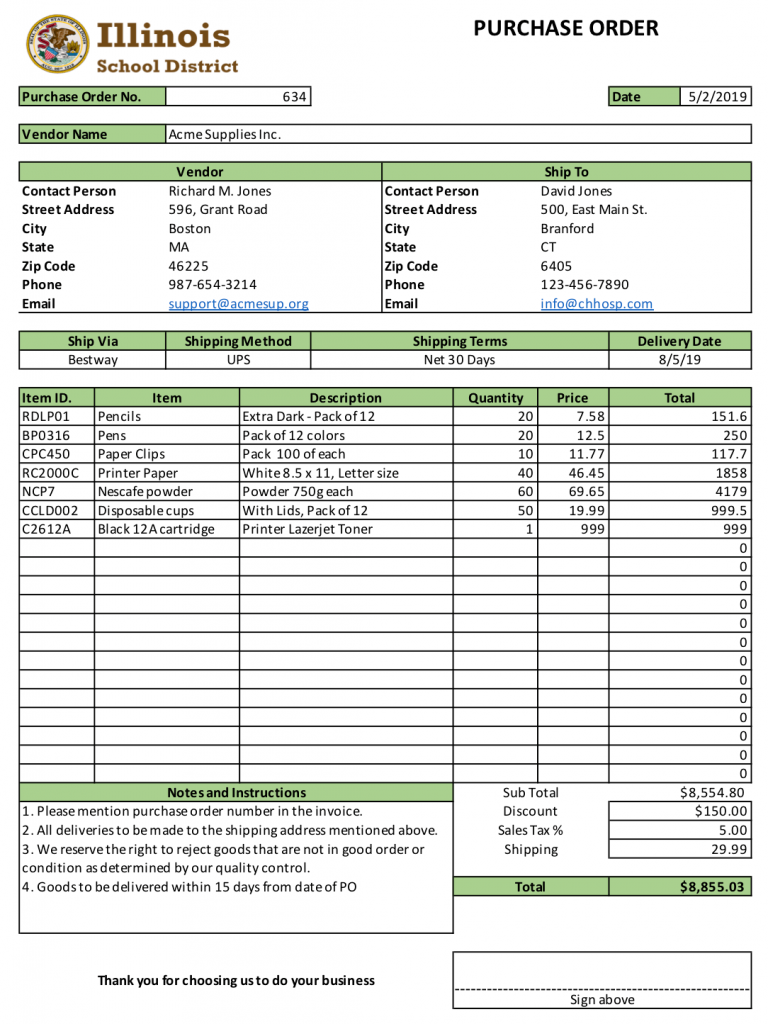 A typical purchase order