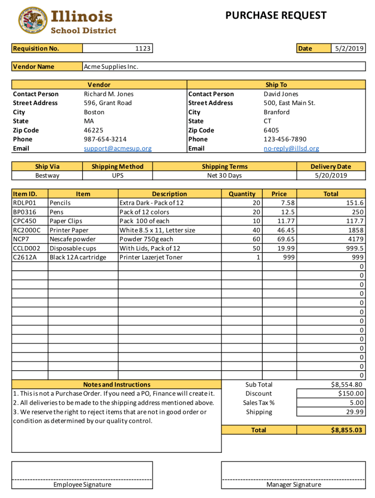 A typical purchase requisition form.