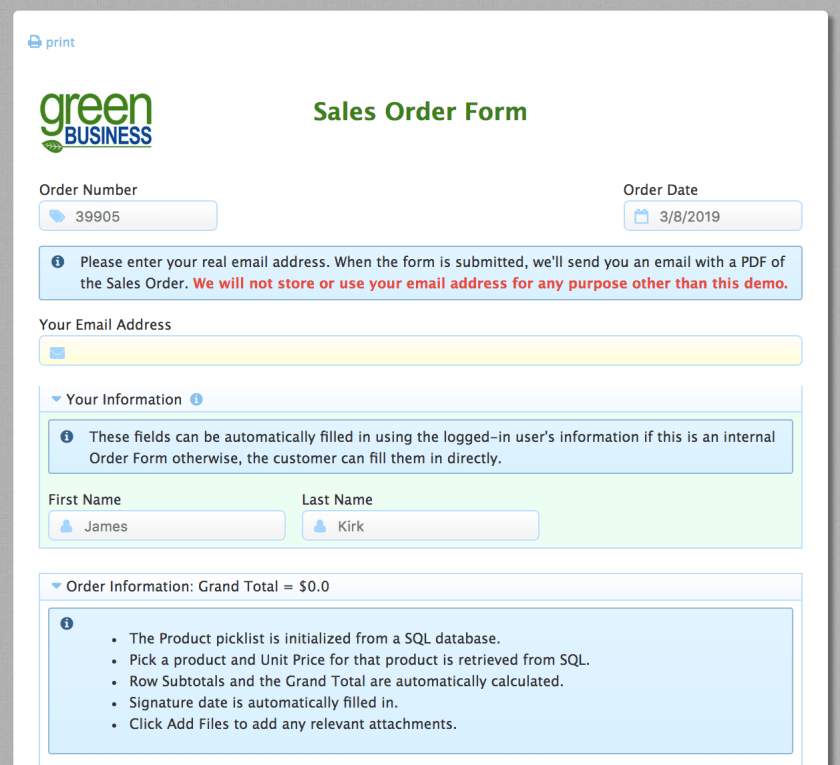 Sales order form sample with reassurance copy.
