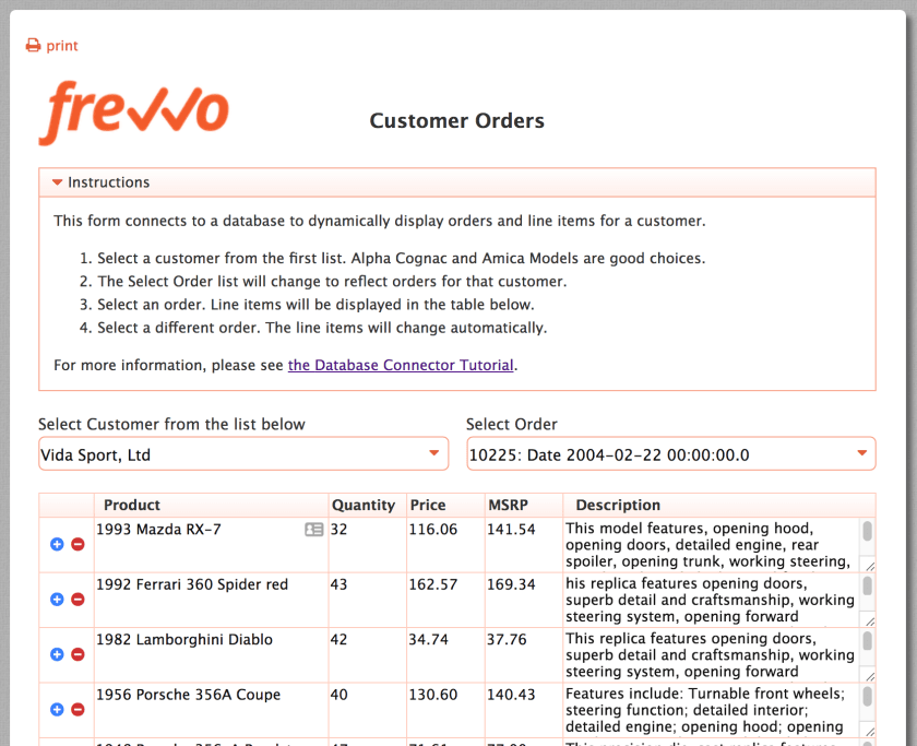 Sales Order form connected to a SQL database.